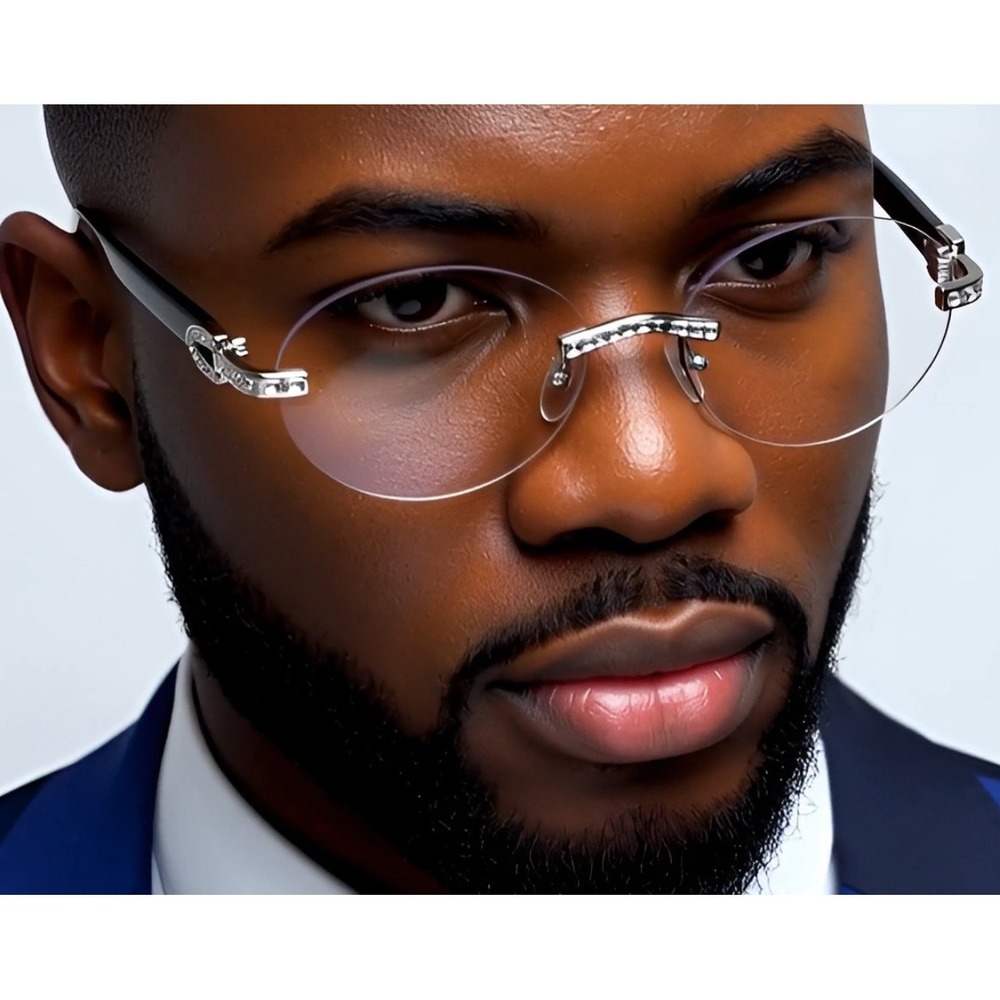 Rimless Sunglasses Rhinestone Silver Clear Lens Wood Grain Arm Men Street Wear